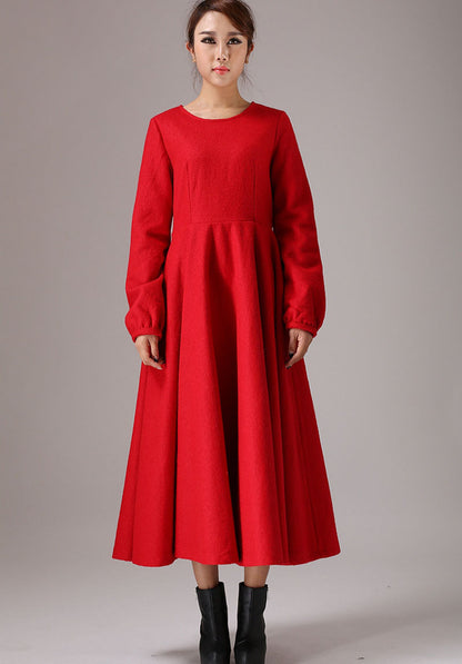 Red Wool Maxi Dress - Round Neckline, Regular Fit 766