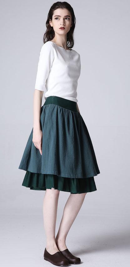 Green Linen Midi Skirt - Flared Silhouette with Layered Hem 1189