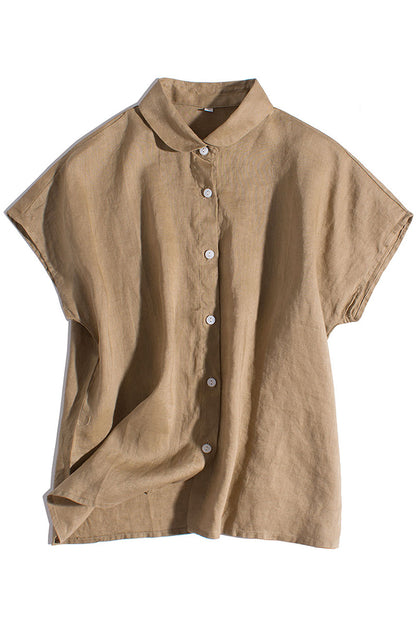 Beige Linen Shirt Top - Loose Fit Short Sleeve Button-Up 3654