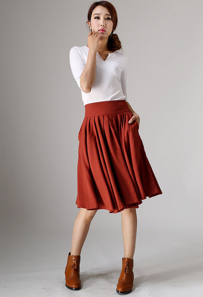 Red Linen Cotton Blend Pleated Midi Skirt - Flowing Waistband Detail 978