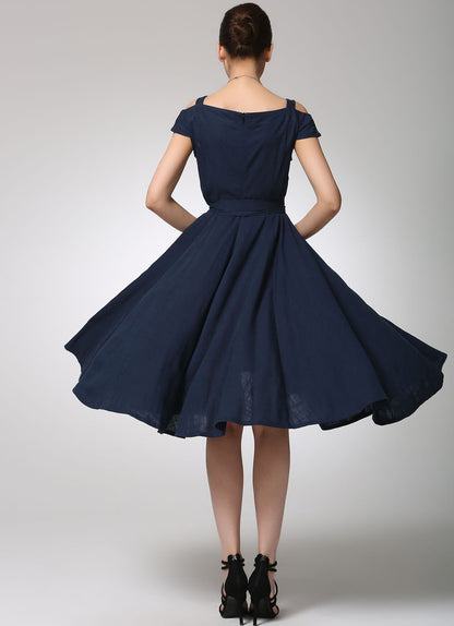 Navy Linen Midi Dress - Pleated Skirt, Fitted Waist 1262