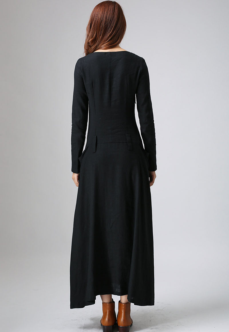 Black Linen Maxi Dress with Long Sleeves and Button Front Xiaolizi Black Linen Maxi Dress with Long Sleeves and Button Front Xiaolizi