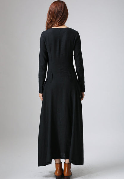 Black dress maxi linen woman's long sleeve dress casual dress custom m –  Xiaolizi