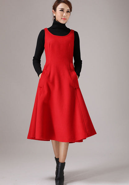 Red Wool Maxi Dress - Sleeveless Flared Silhouette 769