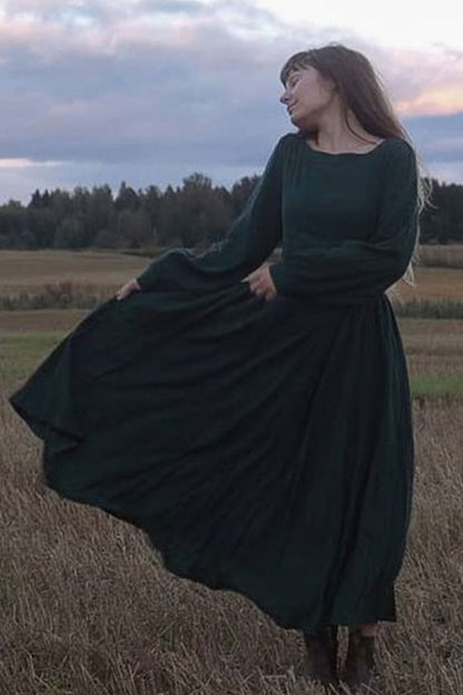 Army Green Linen Maxi Dress - Pleated Waist, Lantern Sleeves 3125