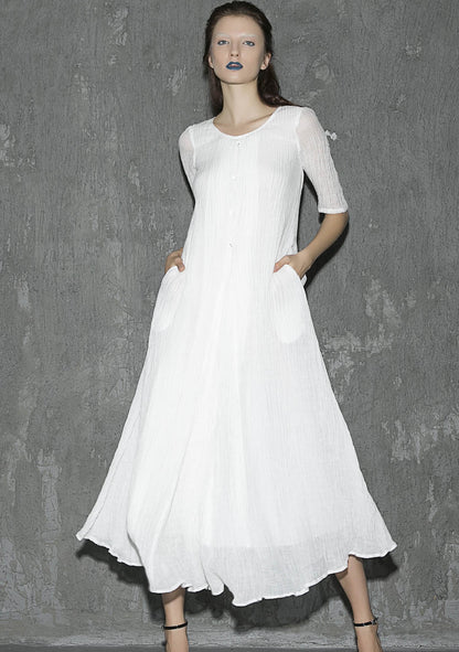 White Linen Maxi Dress - Round Collar, Elbow Sleeve Flowy Silhouette 1305