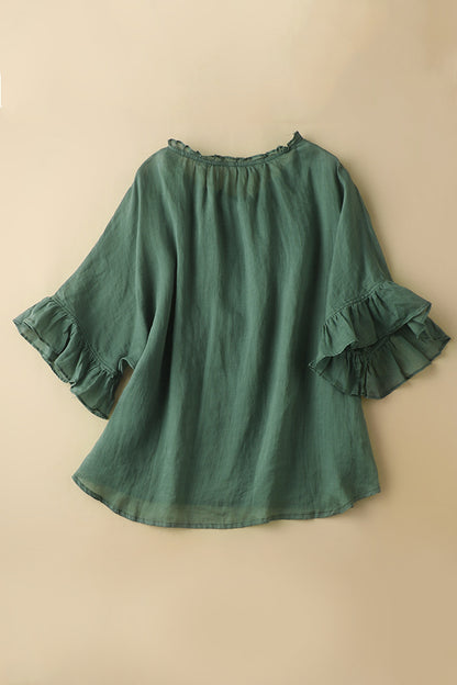 Green Linen Button-Up Top - Half Sleeve V-Neck | Xiaolizi 3646