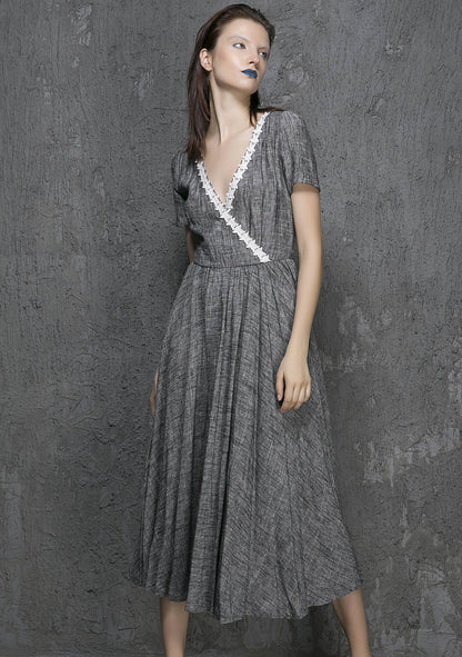 Grey Linen Midi Dress - Fit and Flare with White Lace Trim 1319