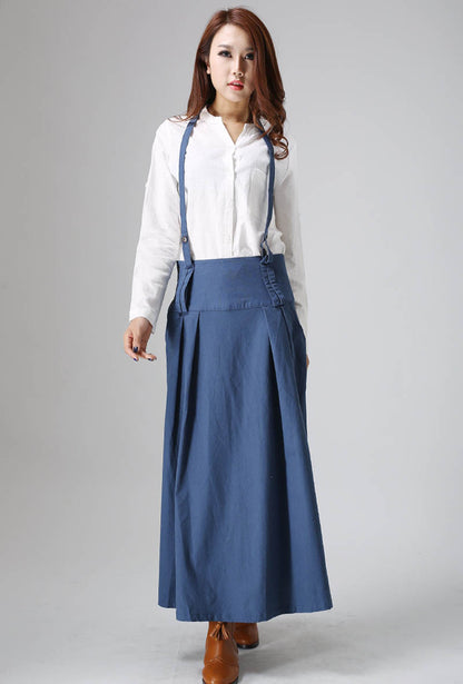 Blue Linen Maxi Skirt with Tie Belt and Pockets - Regular Fit 819