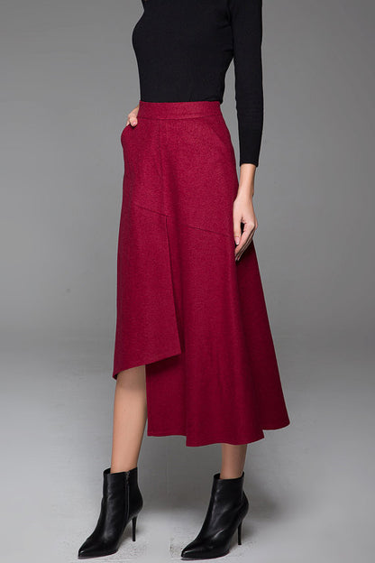 Wine Red Wool Maxi Skirt - Asymmetrical Hem, Side Pockets 1432