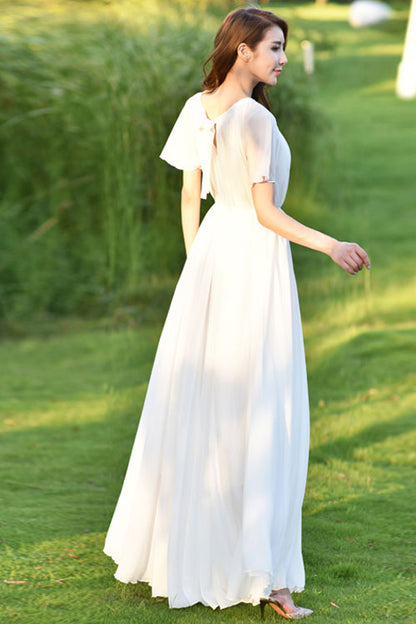 White Short Sleeve Maxi Swing Chiffon Dress 2926