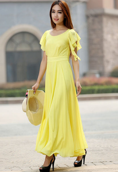 Yellow Chiffon Maxi Dress - Flowy Sleeve Fitted Waist 919
