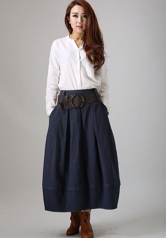 Made to Measure blue long linen Skirt with Side Pockets 0778#
