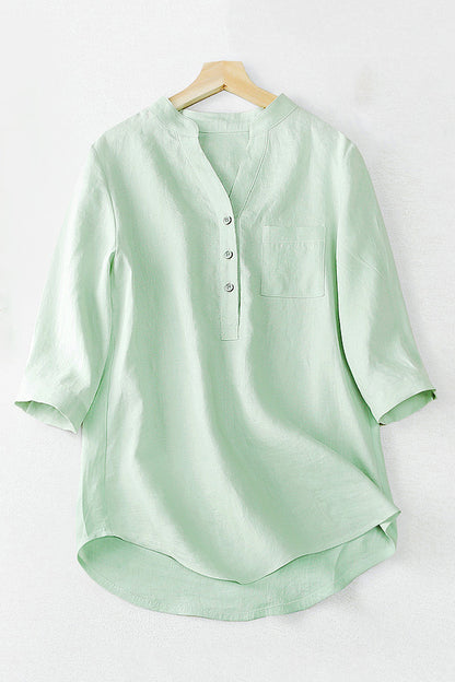 Light Green Linen V-Neck Top - Loose Fit with Pocket 3661