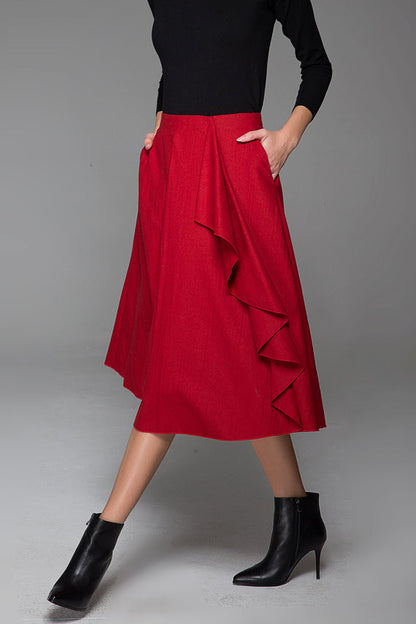 Wine Red Wool Midi Skirt - Floral Lace Detail with Side Pockets 1431