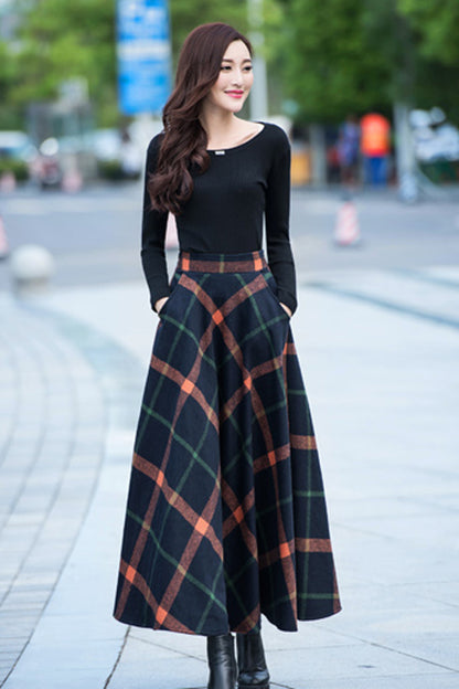 Navy Plaid Wool Skirt – Maxi A-Line with Orange and Green Stripes 2709