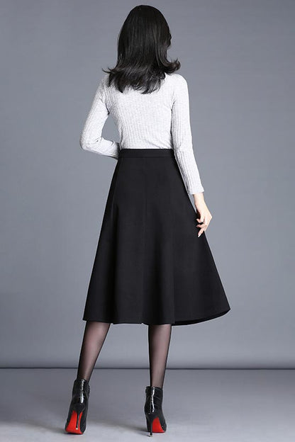 Black Polyester A-Line Midi Skirt - High Waist Elegant Silhouette S018