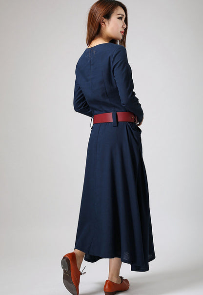 Blue Linen Maxi Dress - Belted A-Line Long Sleeve | Xiaolizi 890