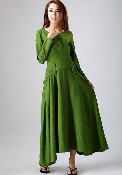 Leaf Green Linen Cotton Blend Maxi Dress - Buttoned Neckline and Pockets 784