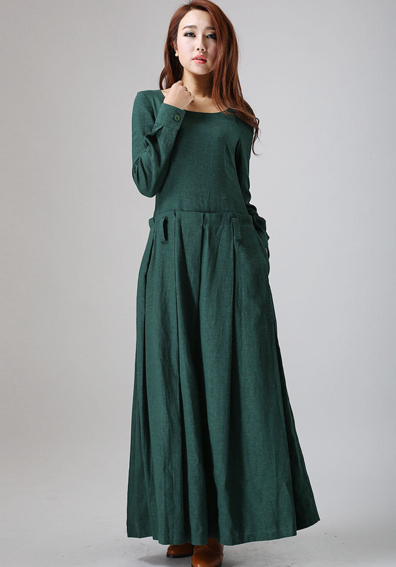 Green Linen Maxi Dress - Long Sleeve, Round Neck, Pockets 788