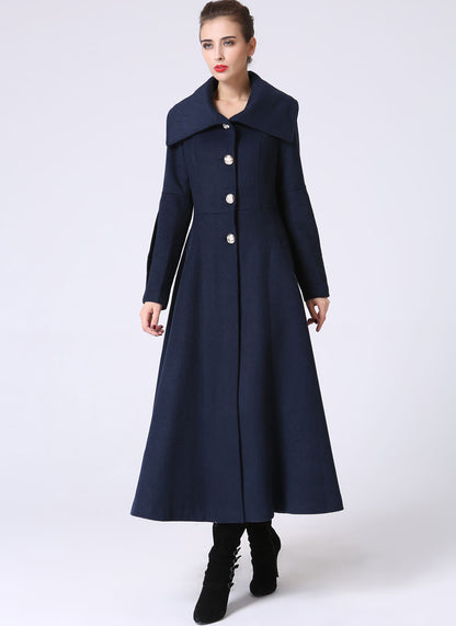Navy Wool Coat - Asymmetrical Collar Flared Silhouette 1054