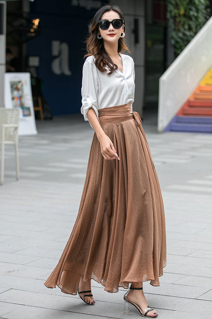 Swing Chiffon Long Circle Flowy Pleated Skirt 3533