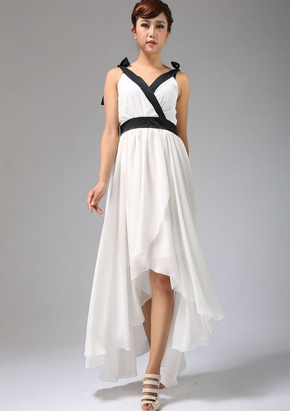 White Chiffon Maxi Dress - Wrap V-Neck with Tie Waist 668