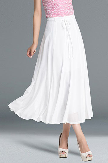 White Summer Midi A Line Pleated Chiffon Skirt 2900