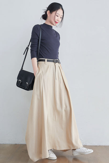 Beige Linen Cotton Maxi Skirt – Handmade A-Line Skirt with Pockets | Xiaolizi 2546