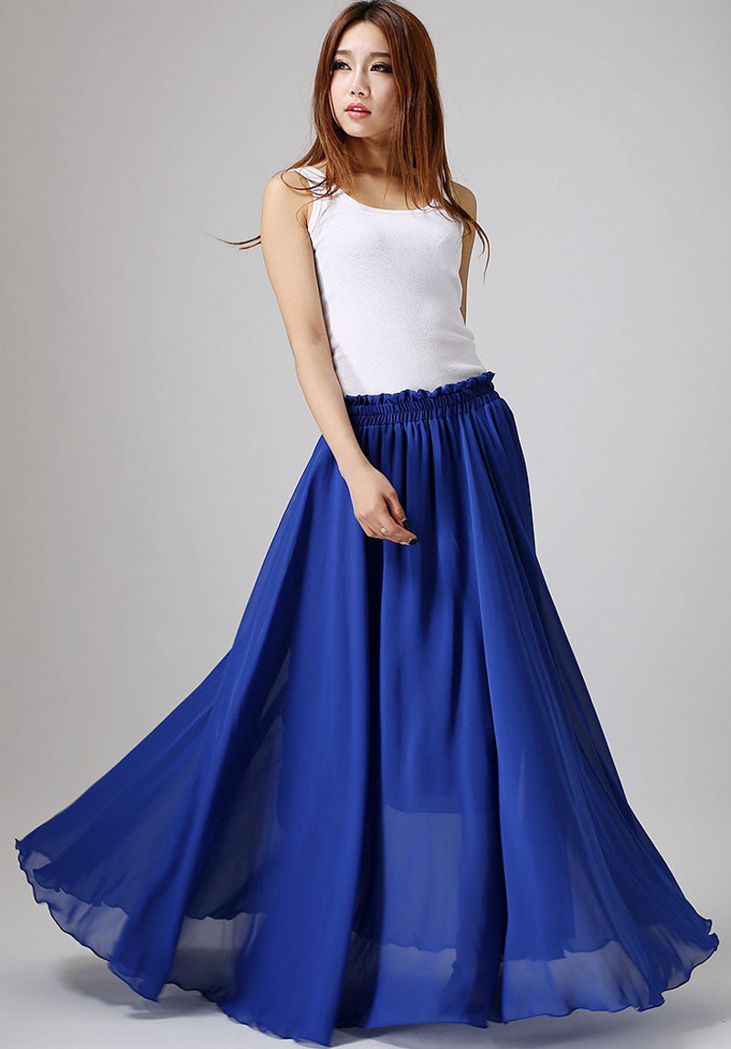 Navy Chiffon Maxi Skirt with Flowing Ruffle Waist Detail – Xiaolizi