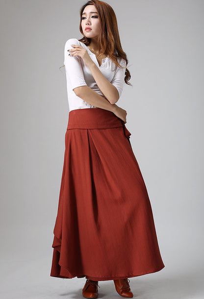 Red Linen Wrap Skirt - Pleated Waist Tie Detail 908