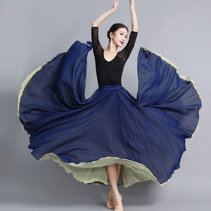 Navy Chiffon Reversible Maxi Skirt - Big Swing, Elastic Waistband 2935