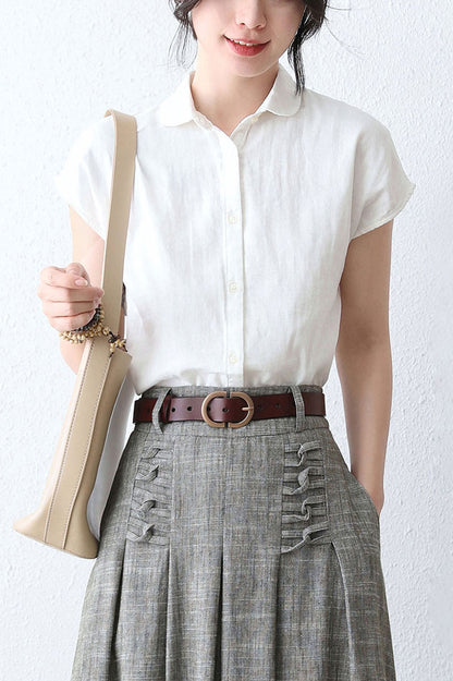 White Linen Blouse with Cap Sleeves - Lightweight and Crisp Button-Up 289001