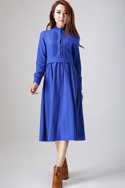 Blue Linen Midi Dress - Pleated Front, Long Sleeve 798