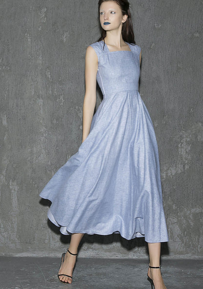 Blue Linen Sleeveless Midi Dress - Side Zipper with Pockets 1316