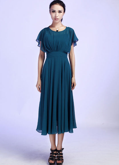 Blue Chiffon Maxi Dress - A-Line Short Sleeve Prom | Xiaolizi 613