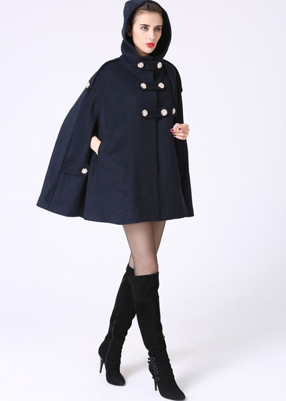 Navy Blue Hooded Wool Cape – Handmade Double-Breasted Winter Coat | Xiaolizi 1057