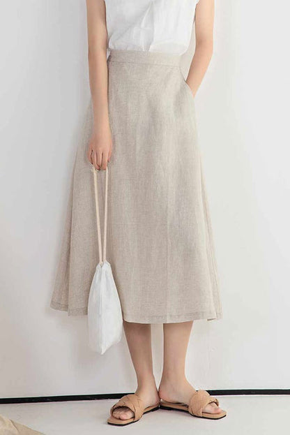 Linen A-Line Midi Skirt - Elastic Waist Two Pockets | Xiaolizi 2396