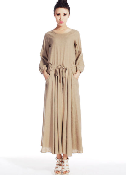 Khaki Linen Cotton Dress - Drawstring Waist Midi | Xiaolizi 515