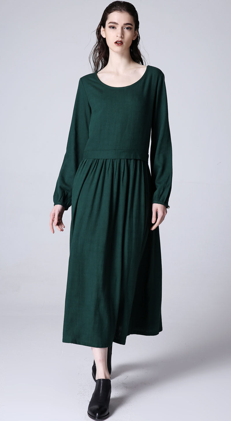 Maxi dress green women linen dress (1173)