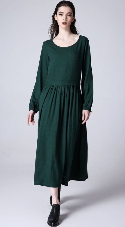 Green Linen Maxi Dress - Long Sleeve, Round Neck 1173