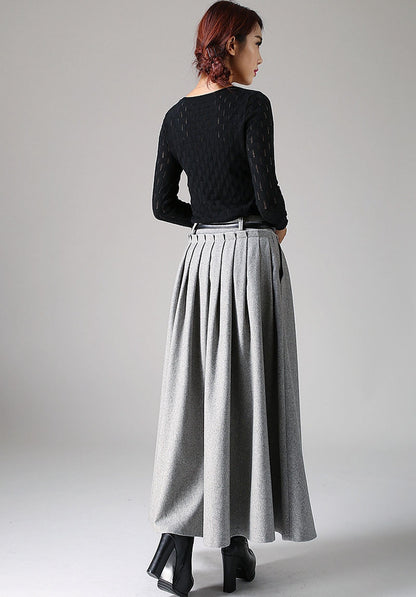Light Gray Wool Maxi Skirt – High Waist Pleated Full-Length Skirt 1095