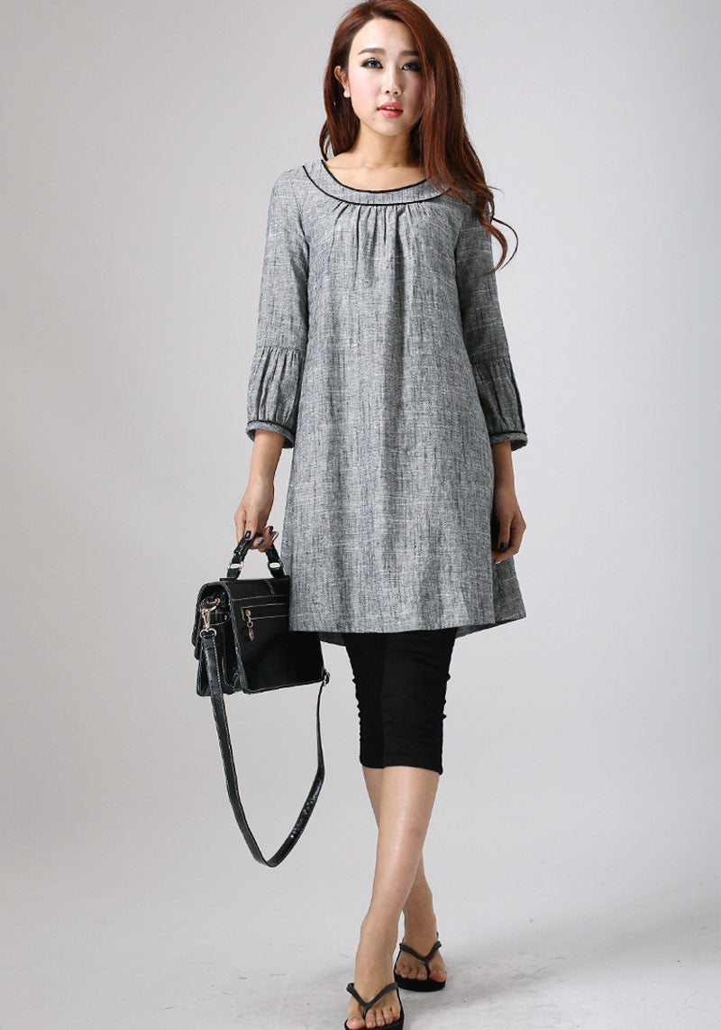 Grey Linen Cotton Tunic Dress Womens Loose Fit Long Sleeve Casual Dress 0783 Grey / XS Grey Linen Cotton Tunic Dress Womens Loose Fit Long Sleeve Casual Dress 0783 Grey / XS