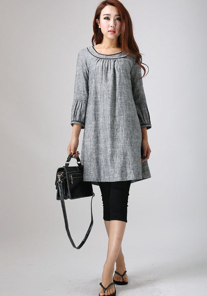 Grey Linen Cotton Tunic Dress – Women’s Loose Fit Long Sleeve Casual Dress 0783