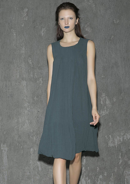 Green Linen Maxi Dress - Sleeveless, Round Neck 1314