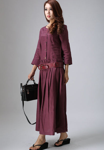 Purple Linen Maxi Dress - Pleated Skirt 3/4 Sleeves | Xiaolizi 802