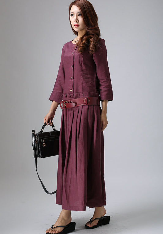 Pleated Linen Maxi Dress - Plum Long Dress Shaped Bodice & Pleated Skirt Three Quarter Length Sleeves (802)