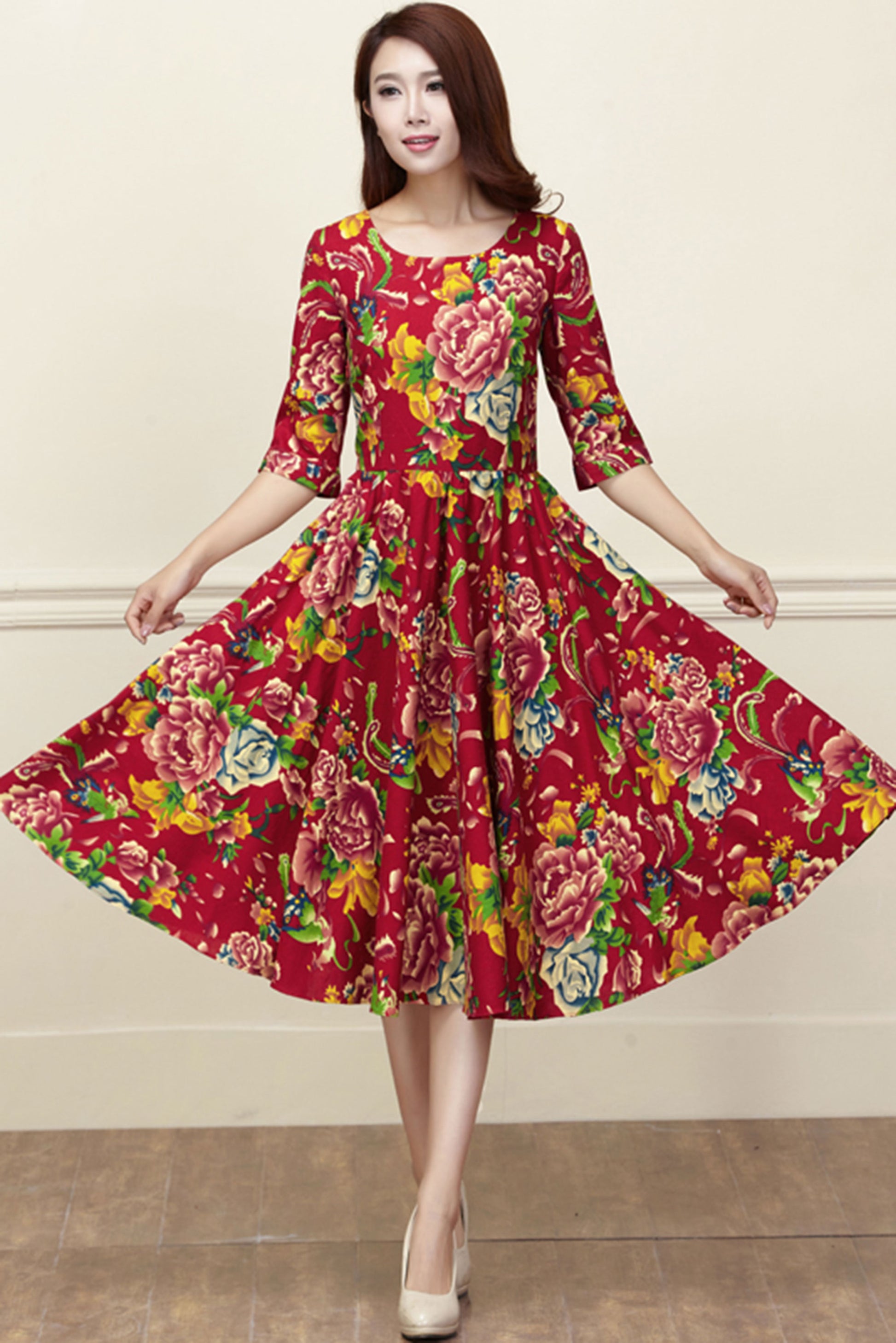 Cotton And Linen Calico Midi Dress 3421 Xiaolizi Cotton And Linen Calico Midi Dress 3421 Xiaolizi