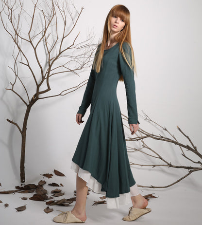 Green Linen Maxi Dress - Pleated Hi Lo Skirt with Chiffon Hem 1134