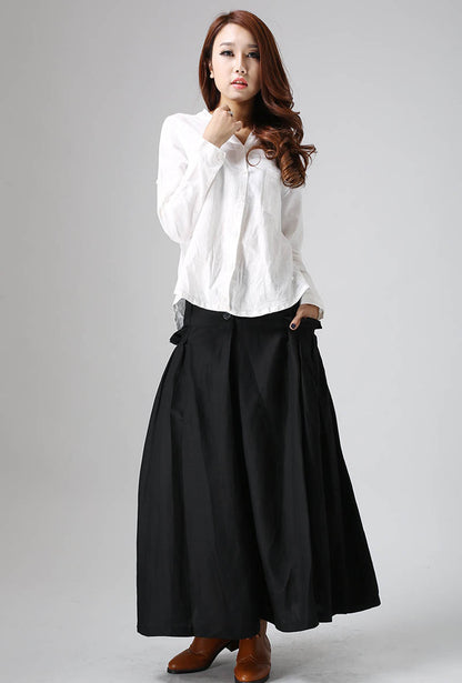 Black Linen Maxi Skirt - Pleated Pockets, Button Front 822